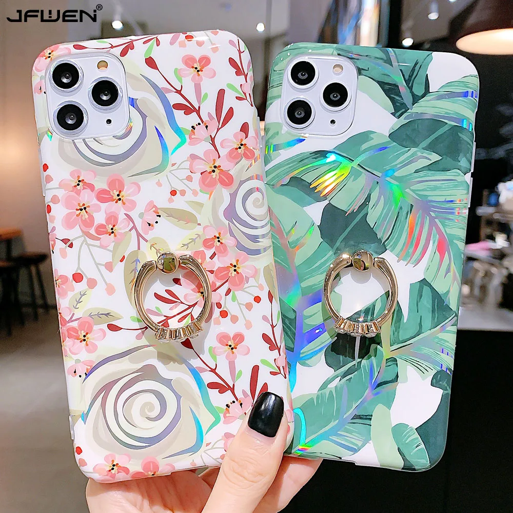 Глянцевый лазерный чехол с кольцом держателем на палец для iphone 11 Pro XS X XR Max 6 6S 7 8 Plus