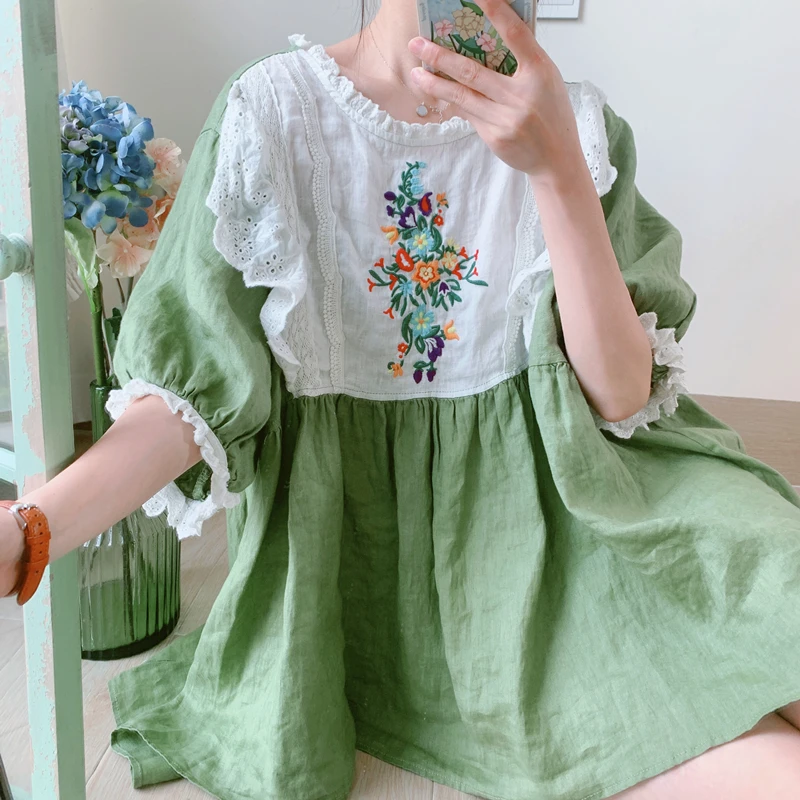 2021 Summer Japanese Small Fresh Forest Girl Embroidered Lace Loose Large Size Cotton Shirt Short-sleeved Baby Shirt
