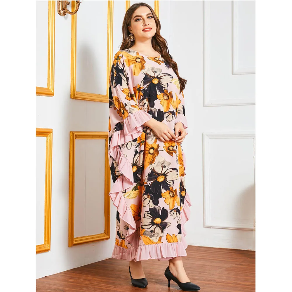 

Abaya Floral Print Long Dress Dubai Kaftan Bat Sleeve Oversized Arab Jilbab Turksih For Women Muslim Casual Ladies Ruffle Dress