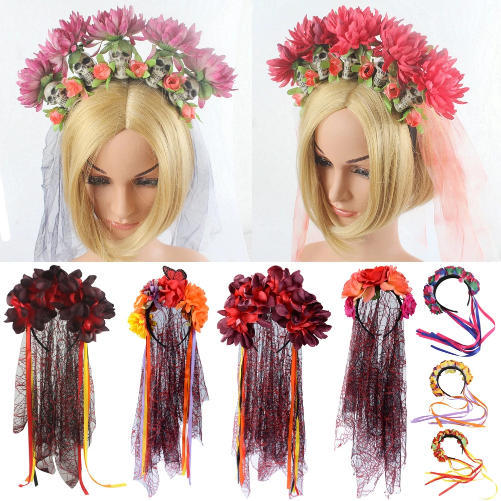 День мертвых призрак невесты головной убор череп повязка на голову с розой