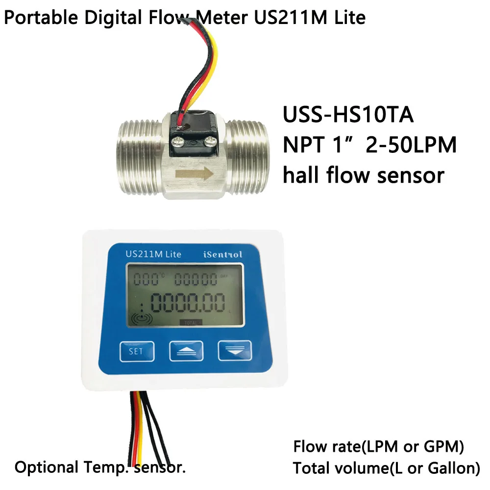 

US211M Lite Digital Flow Meter Reader Display With NPT 1" USS-HS10TA Water Flow Sensor Stainless Steel SUS304