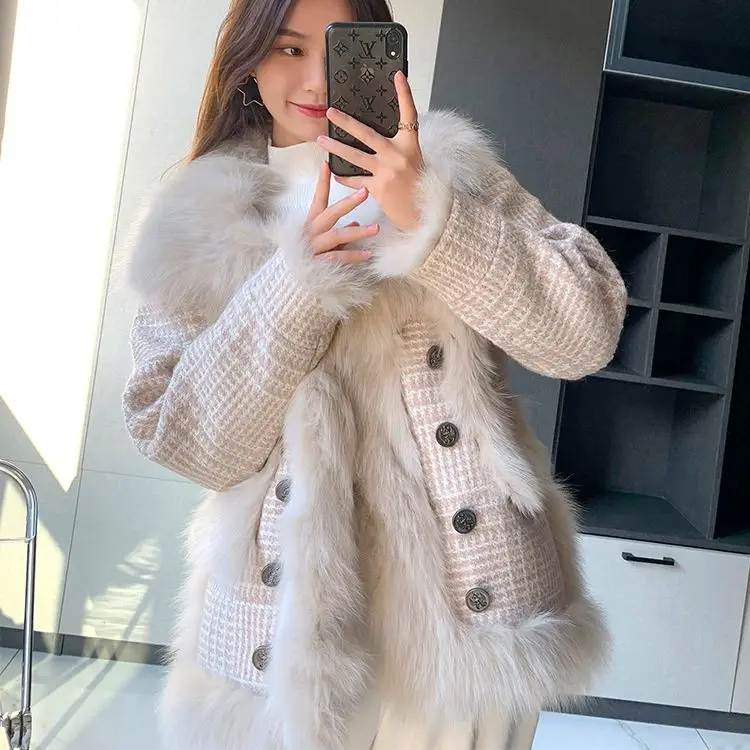 

Top quality New 2022 Luxury Women's Real Fox Fur Coat with Belt Long Sleeve Woolen Tweed coats EA01