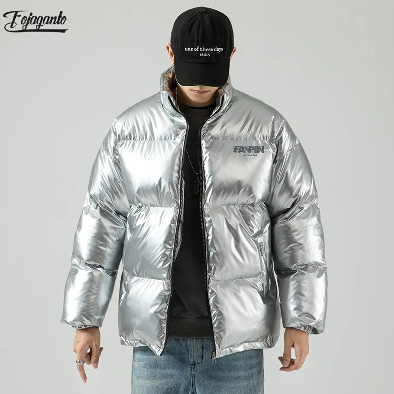 FOJAGANTO Silver Shiny Men Winter Coat Fashion Hooded Warm Thicken Blue Cotton Padded Jacket 2020 New Parka Male | Мужская одежда