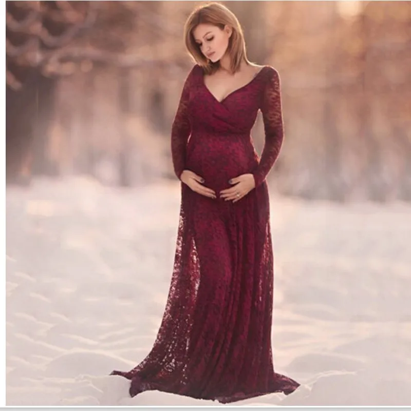 Red Wine V-Neck Long Sleeve Maternity Photography Props Maxi Pregnancy Clothes Lace Maternity Dress Fancy Shooting Photo Pregnan