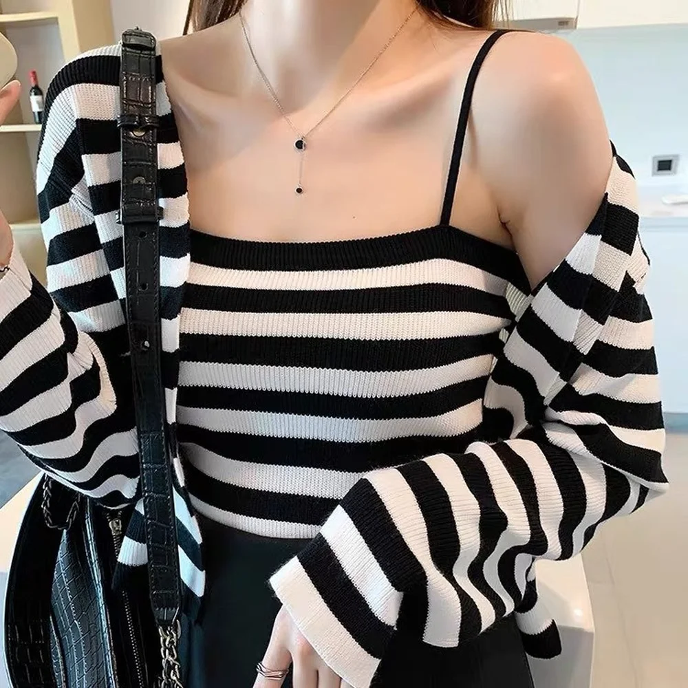 

Модный осенний полосатый свитер из двух предметов, женский кардиган из вискозы с длинными рукавами, шаль + короткая кофта, женский костюм, 2 ш...