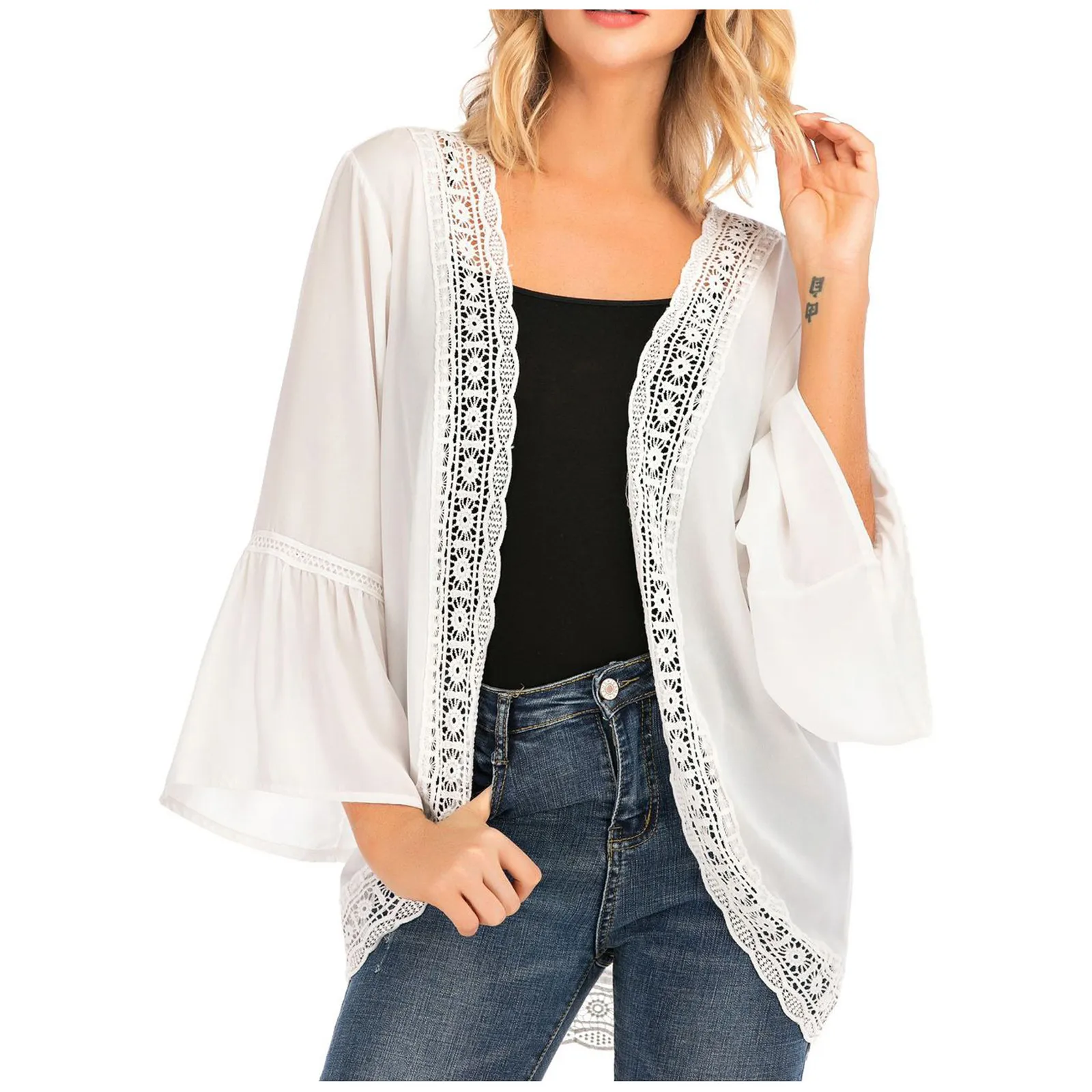 

Fashion Womens Casual Solid Colors Lace Long Sleeve Chiffon Cardigan Loose Kimono Thin Sunscreen Tops Outerwear Jacket Coat#g3