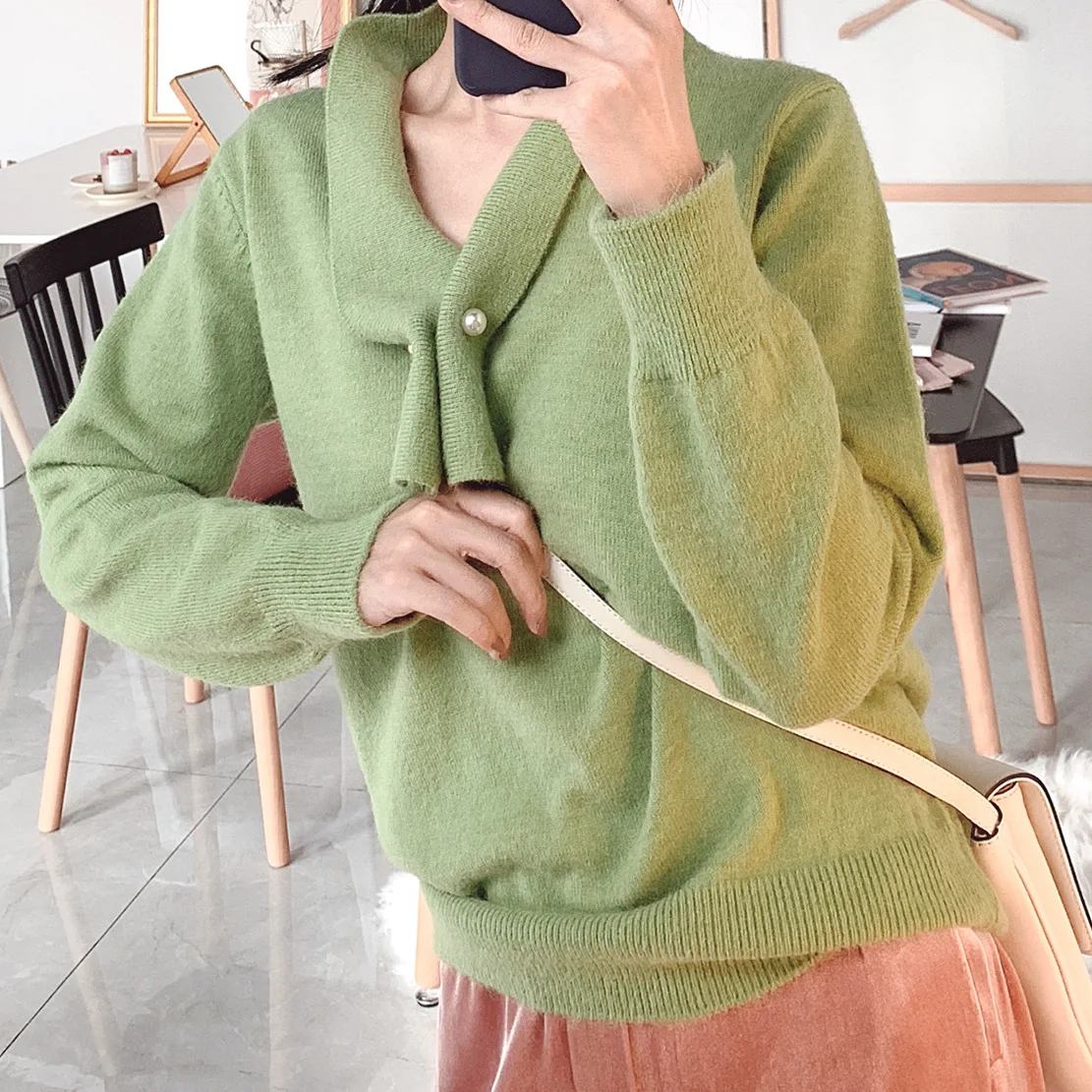 Женский свитер пуловер из кроличьей шерсти с длинным рукавом вязаный