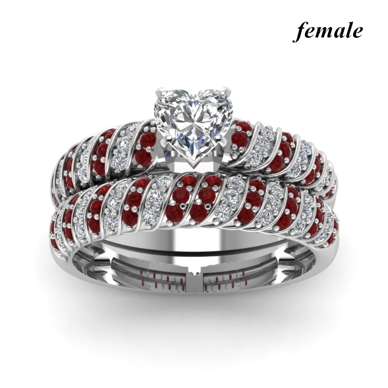 Модные парные кольца женские в форме сердца с белым кристаллом CZ мужские из