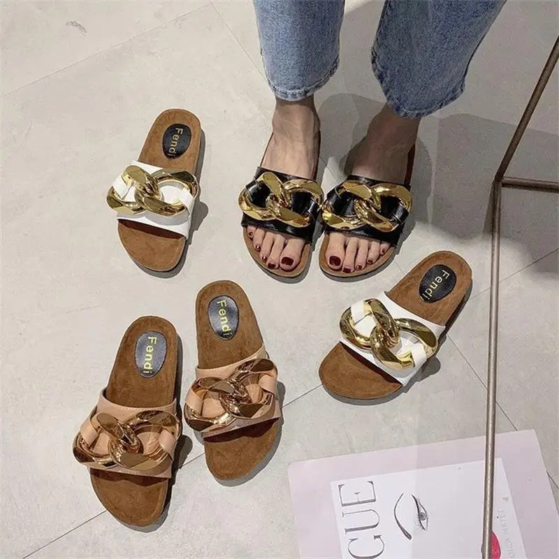 

2021 New Women's Shoes Fashion Solid Color PU Open Toe Large Metal Chain Decoration Flat Heel Comfortable Casual Sandals 6KF183