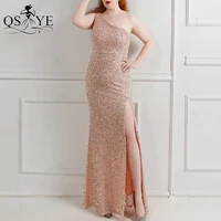 beading one shoulder pink evening dresses plus size high split sequin party shoulder strap formal side zipper plus size dresses