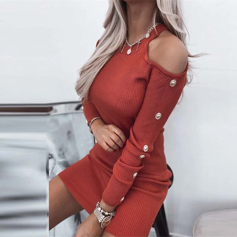 Lady Solid Mini Dress Women Sexy Off Shoulder Ribbed Bodycon Dress Out Office Party Dress Long Sleeve