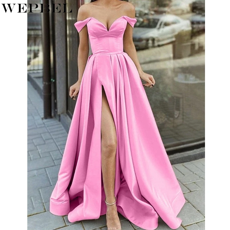

WEPBEL Solid Color Pleated Dress Summer Sexy Slit Dress Women's Casual Strapless V-Neck Backless High Waist Dress