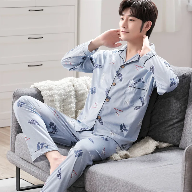 Men's Pajamas Sets Long-sleeved Spring and Autumn Plus Fat Plus Size Cotton Home Service Suit Sleepwear Male Pajamas pijama
