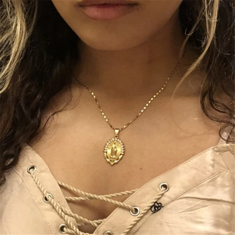 

Popular All-matched Rhinestone Necklace Religious Notre Dame Pendant Necklace Solid Color Sweater Chain Stylish Ladies Jewelry