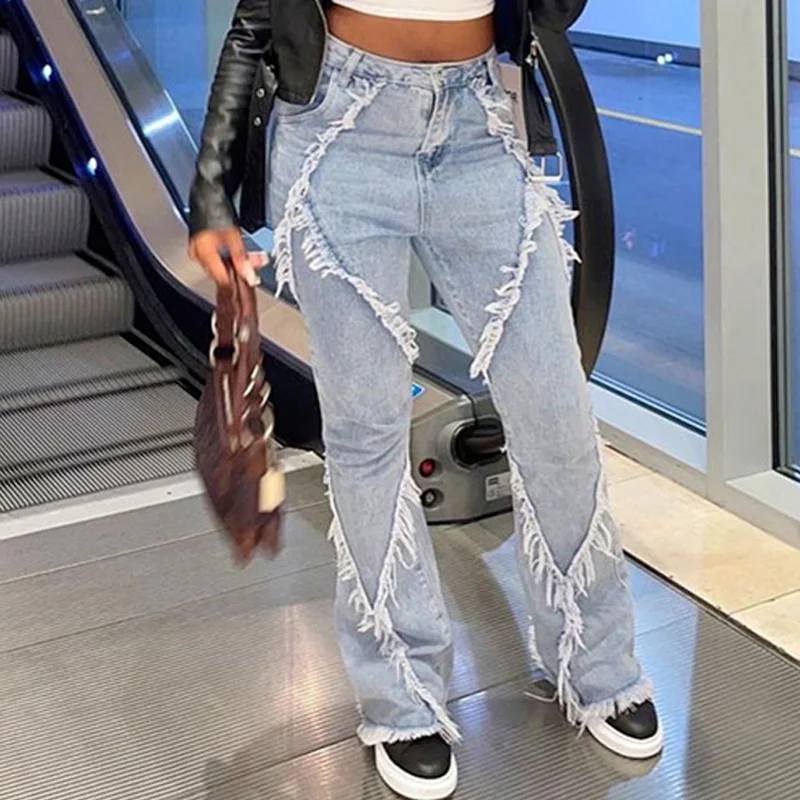 

Frayed Edging Ripped Hole Streetwear Denim Jeans Zipper High Waist Clothes Loose Pants Retro Female Tassel Micro Flared Trousers