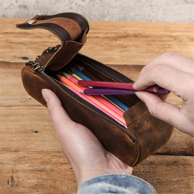 

New Vintage Leather Pen Pencil Bag Case Stationery Organizer for student