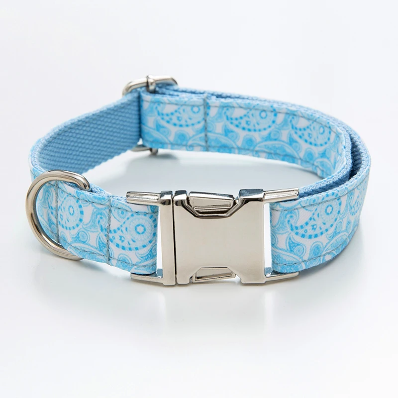 Personalized Blue Paisley Dog Collar Leash With Bow Tie Set Free Engraved Nameplate For Small Medium Large | Дом и сад