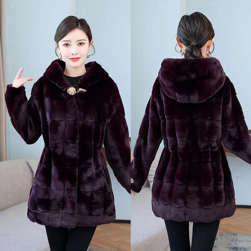 Fur Coat Women Winter Coats and Jackets 2021 The New Keep Warm Fashion Hooded Thin Waist Rope Rhinestone Buckle