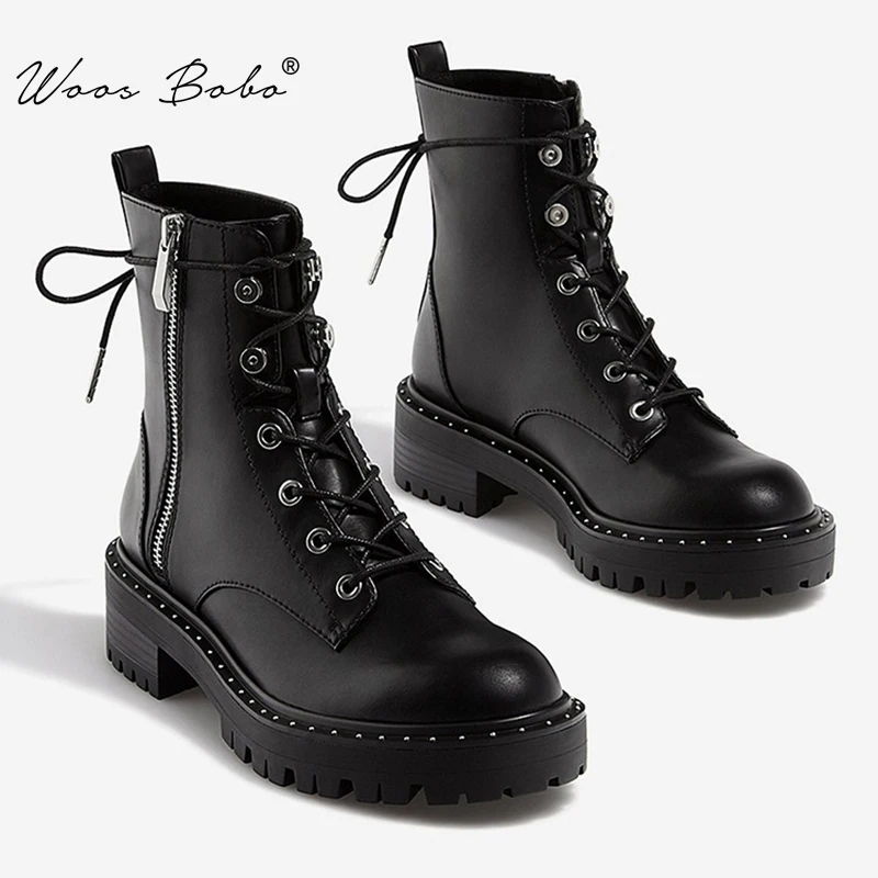 Женские короткие ботинки на шнуровке черные ботильоны толстом каблуке с