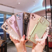 luxury shockproof plated tpu soft rubber pearl chain phone case cover skin for iphone 7 8 plus 13 11 12 pro max x xr xs max