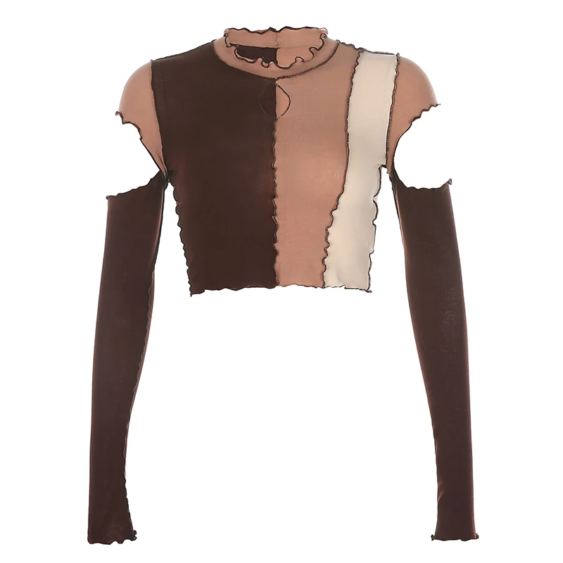 

Ruffles Drill Cropped Tshirt Women Fashion Autumn with Long Sleeve T-shirt Ladies Basic Patchwork Blouse Tees Y2k Streetwear