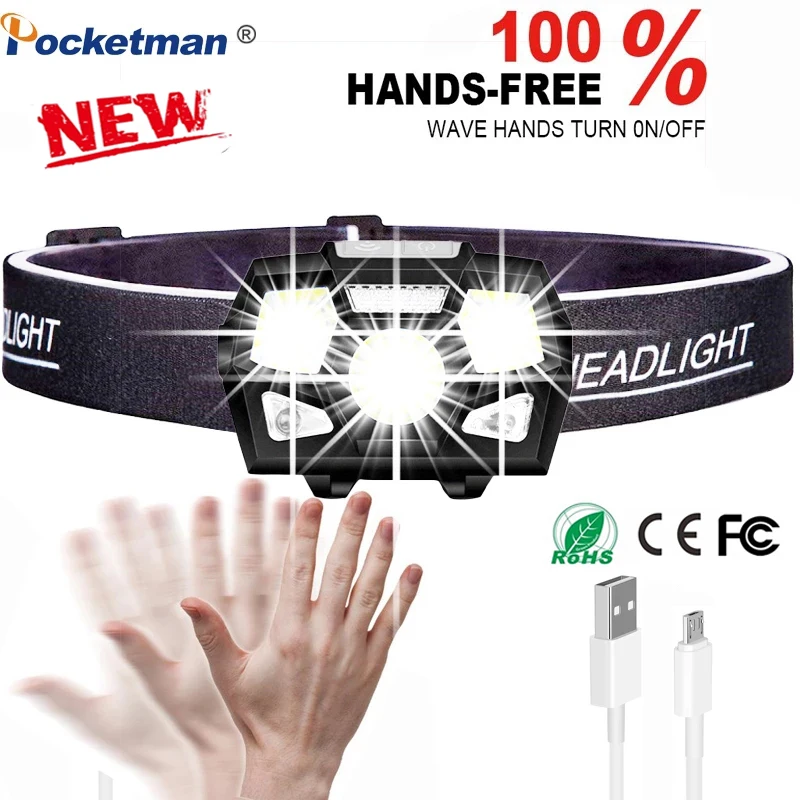 

Most Bright LED Headlamp Motion Sensor Hard Hat Head Lamp Powerful Headlight USB Rechargeable Waterproof Outdoor LED Flashlight