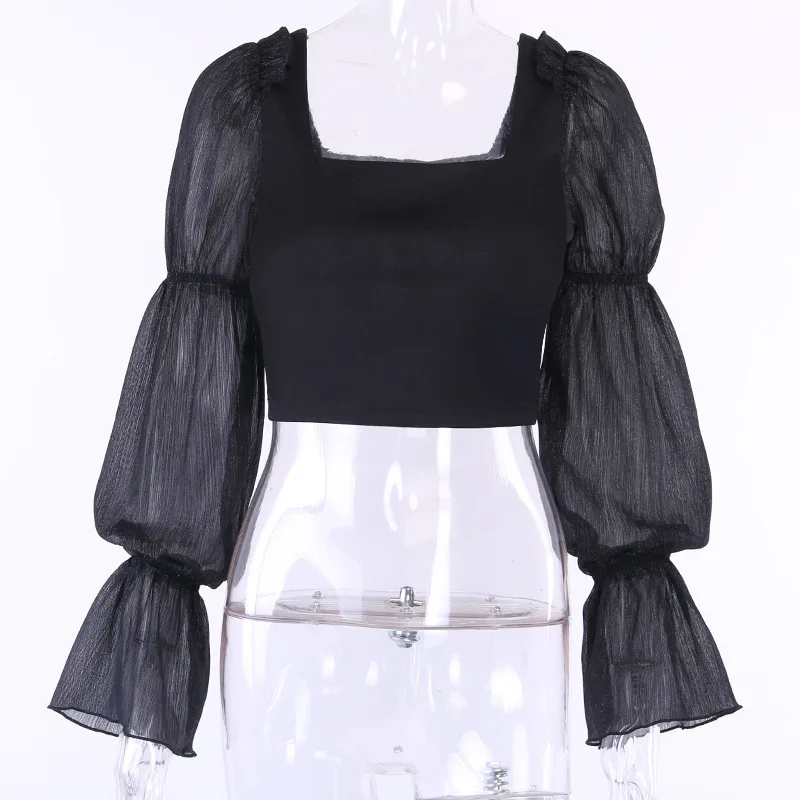 

Sexy Women Blouses Elegant Square Neck Top Shirt Casual Ladies Shirts Top Tulle Puff Sleeve Short Blouse Womens Tops And Blouses