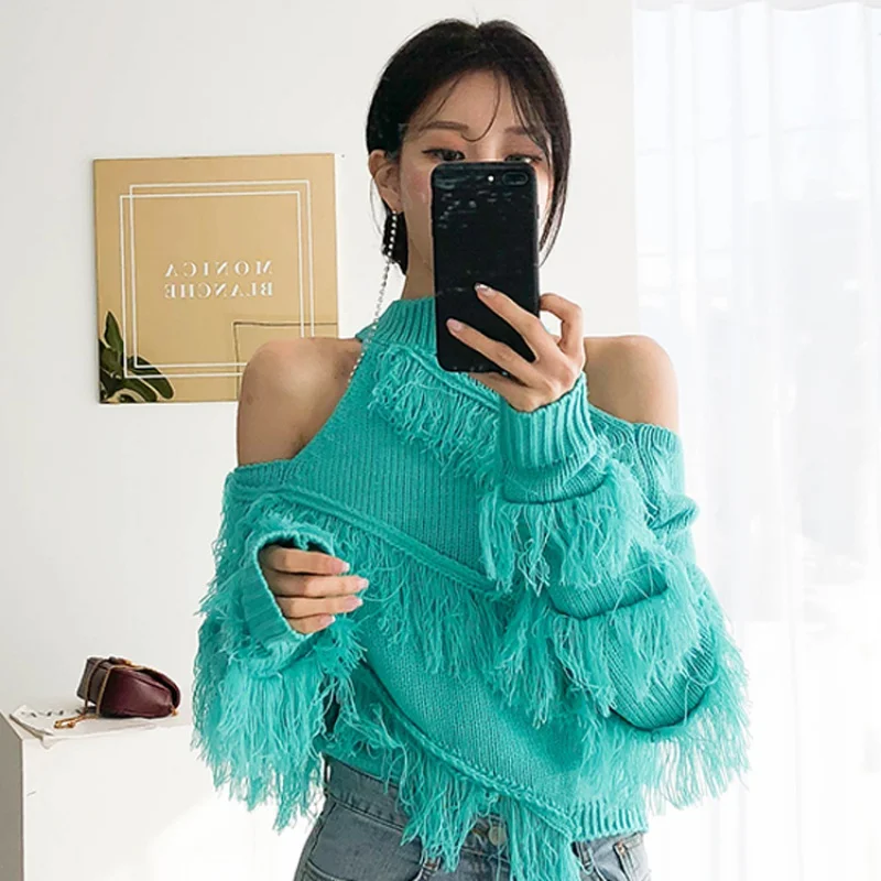 

Women's Off Shoulder Long Sleeve Turtleneck Sweater Pullovers Tassels Knitted Sweaters Autumn Winter Female Sexy Fashion Top