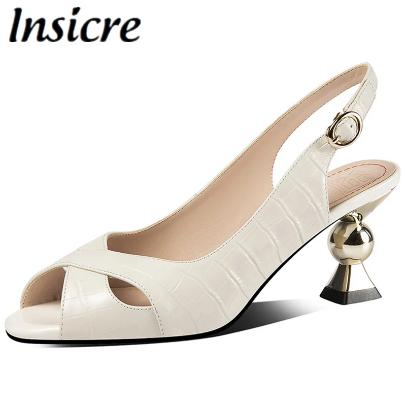 

Insicre Women Peep Toe Special Shape High Heels Block Slingback Sandals Ladies Summer Cow Leather Party Wedding Shoes Big Size