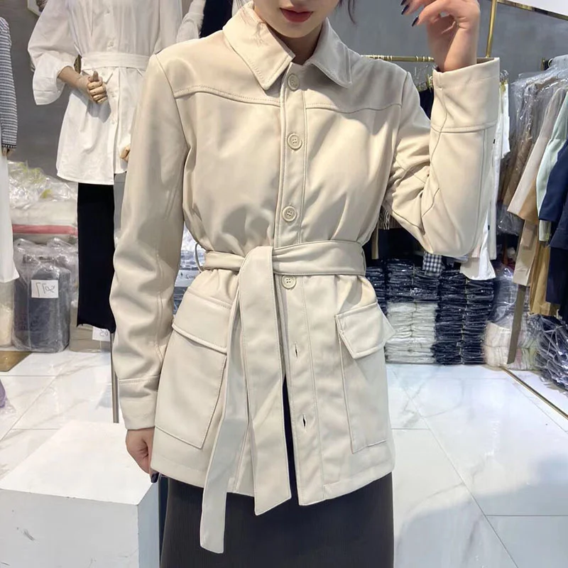 

Ladies Leather Coat 2021 New Spring Autumn Single-breasted With Belt Bandage Biker Moto Faux Leather Jacket Women Street Outwear