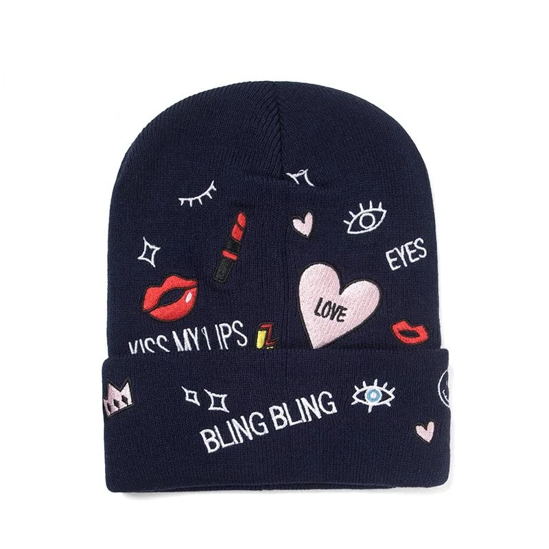 

2022 Beanie Winter Knitted Hat Wool Women Beanies Hat Lips Heart Embroidery Skullies Cap For Men Kpop Popular Use Of Personality