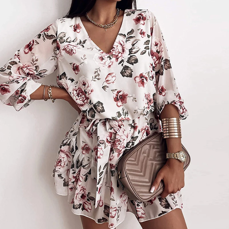 

A Line Mini Dress Wrap Sundress Robe Mujer Sexy V-Neck Floral Print Beach Dress Ruffles Boho Women Dresses Summer G2637