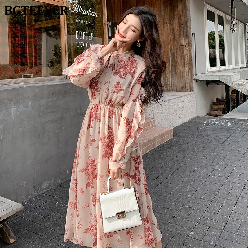 Платье BGTEEVER женское шифоновое с длинным рукавом элегантное ТРАПЕЦИЕВИДНОЕ миди