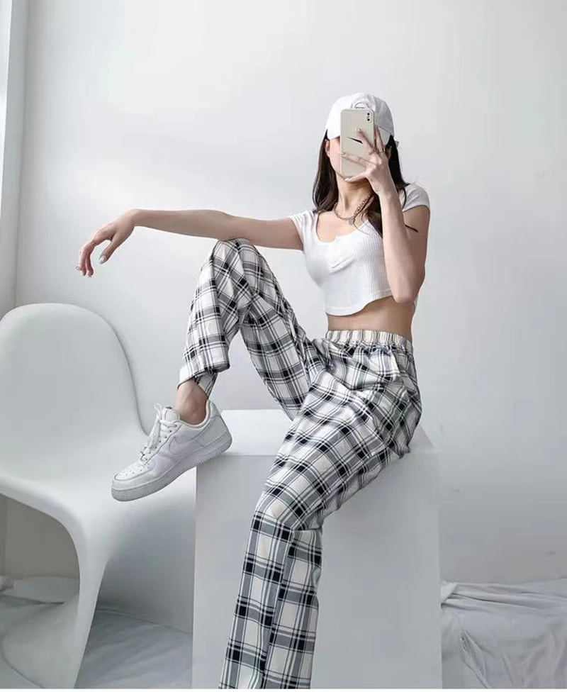 

2021 new loose high-waist slim-fit drape straight and floor casual trousers Plus size thin plaid wide-leg pants women's summer