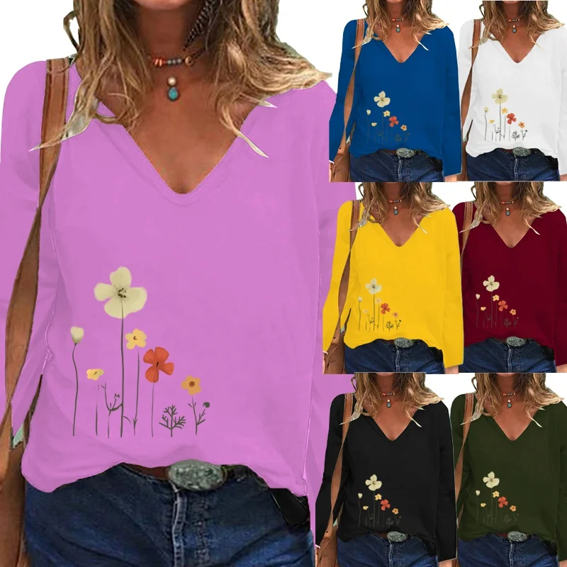 

Deep V-neck Women's New Autumn Casual Long Sleeve Shirt Fashion Floral Print Shirt Loose Women's T-shirt XS-5XL