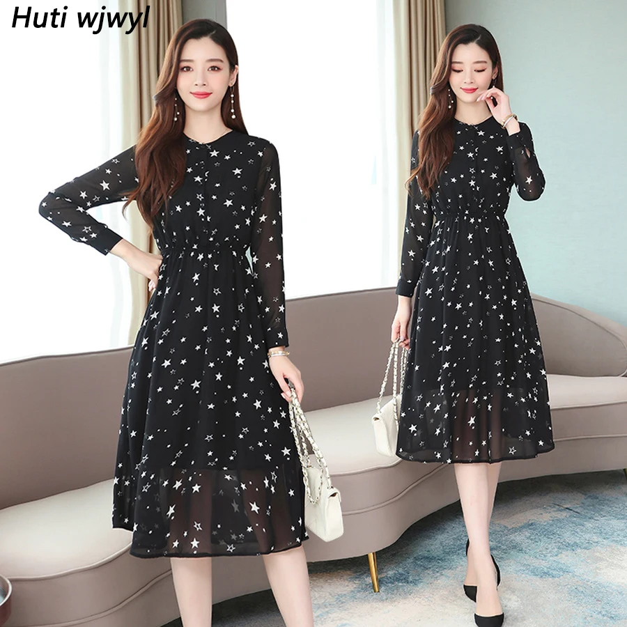 Женское шифоновое платье миди с винтажным принтом на осень и зиму 2020 черное