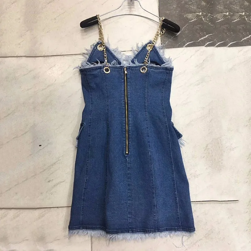 

VGH Patchwork Tassel Dress For Women Sling Sleeveless Sexy Temperament Denim Mini Dresses Female Fashion Clothing 2020 New Style