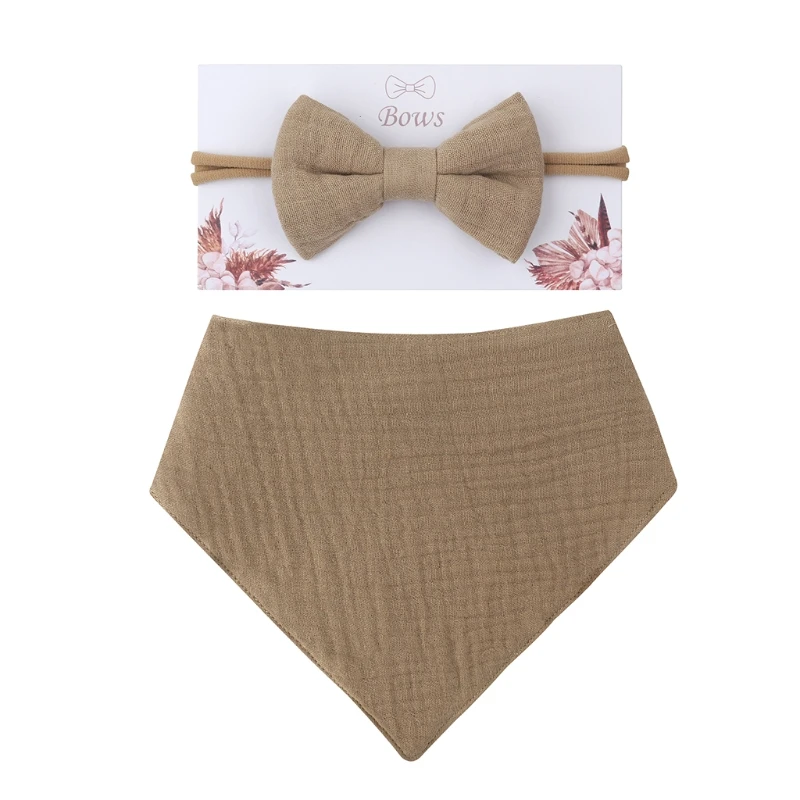 

85DE 2 Pcs Baby Girls Elastic Bow Headband Saliva Towel Set Princess Bowknot Hair Band Bibs Feeding Burp Cloth Kit