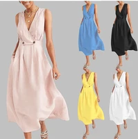 2022 the new elegant summer commute ladies long dresses women v neck pleated pure colour button dress