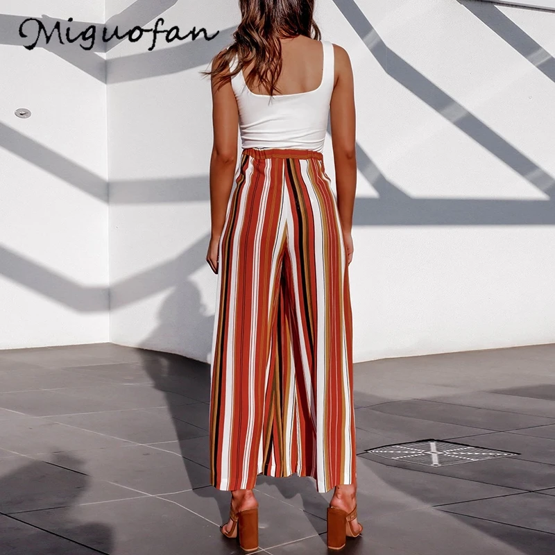 Miguofan boho свободные длинные штаны в полоску с принтом повседневные для женщин