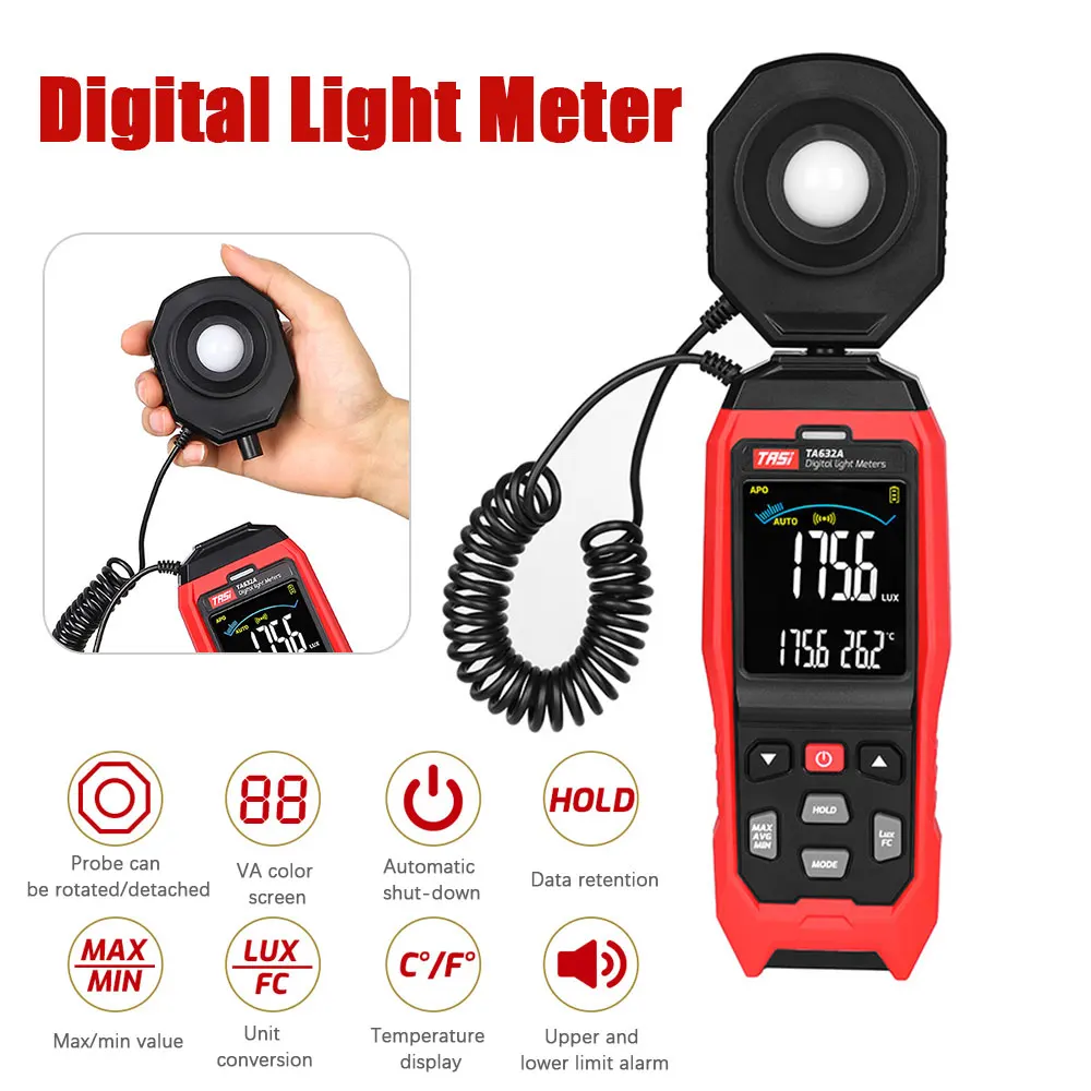 

TASI TA632A Digital Light Meter Photography Luxmeter Detachable Probe Illuminometer 200000 Lux/Fc Photometer Enviromental Tester