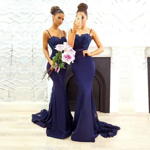 Navy Blue Satin Mermaid Evening Dresses 2022 Shinny Appliques Vestidos De Noche Sweep Train Robe Soirée Femme Prom Party Gowns