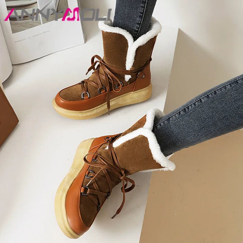 

ANNYMOLI Women Snow Boots Shoes Flat Platform Mid Calf Boots Round Toe Cross Tied Warm Boots Lady Winter Black Yellow Size 34-43