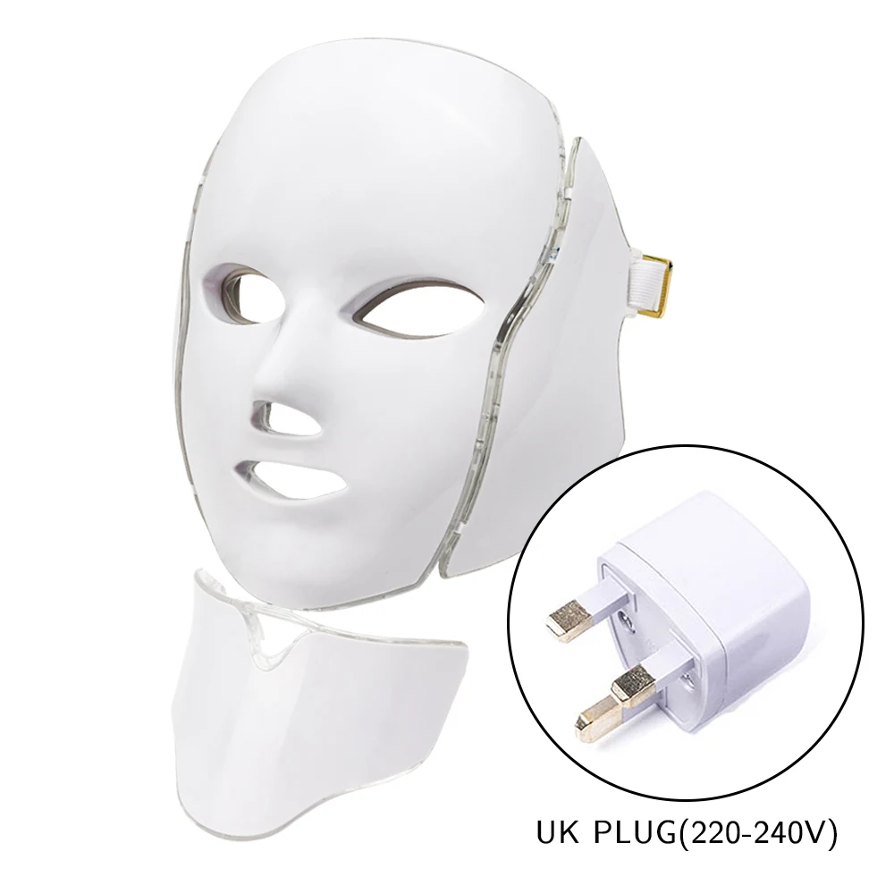 UK PLUG WITHOUT BOX Светодиодная маска для лица, 7 цветов, светодиодная Корейская фотонная терапия, маска для лица, машинный светильник, терапия акне, маска для шеи, красивая светодиодная маска - Цвет: UK PLUG WITHOUT BOX