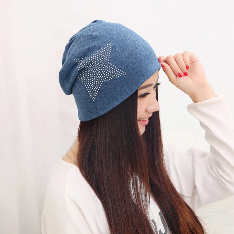 ELIfashion Модные Стразы Блеск Шапки Для женщин Зимняя вязаная Кепки s Big Star эластичный Для женщин шляпа Женская хлопковая Кепки 5 цветов