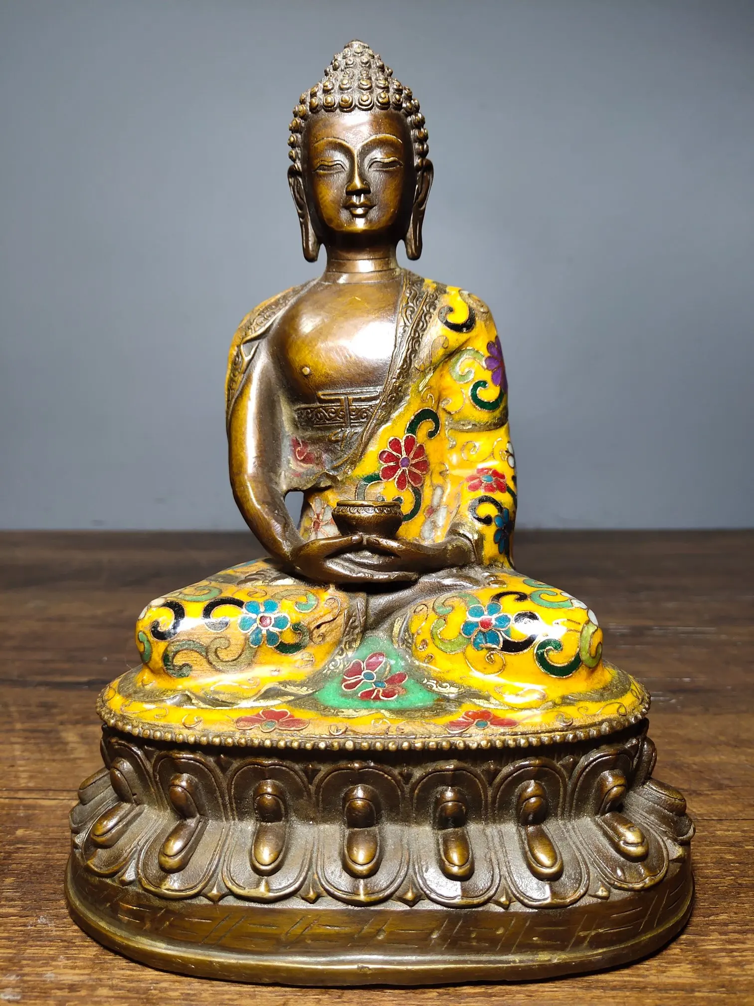 

8" Tibet Buddhism Old Bronze Cloisonne Enamel Shakyamuni Medicine Buddha Buddha Statue Amitabha statue Enshrine the Buddha