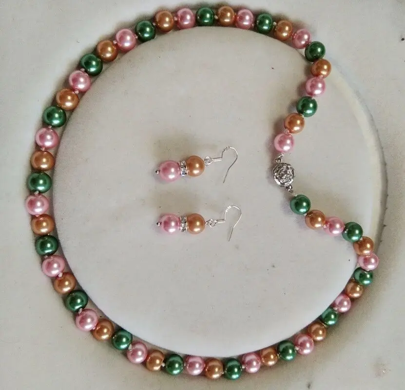 

8mm multicolor Shell Pearl necklace AAA 18 inches +Earring Set