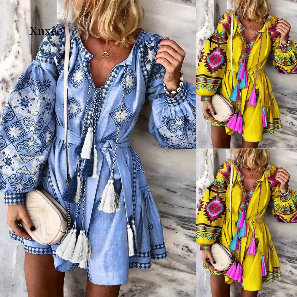 

beach Boho Casual V Neck Dress floral Long Sleeve Belt Dresses Women Autumn Print sky Blue Mini Dress Tassel Vestidos Mujer