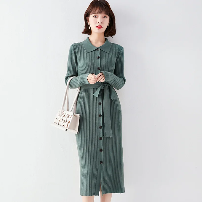 

Lapel Knit Dress Mid Length Lace Up Sweater Skirt Dress for Women