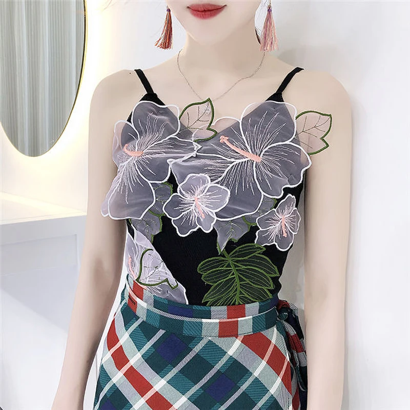 Летний женский топ вязаный Топ высокое качество Цветочная вышивка сексуальный